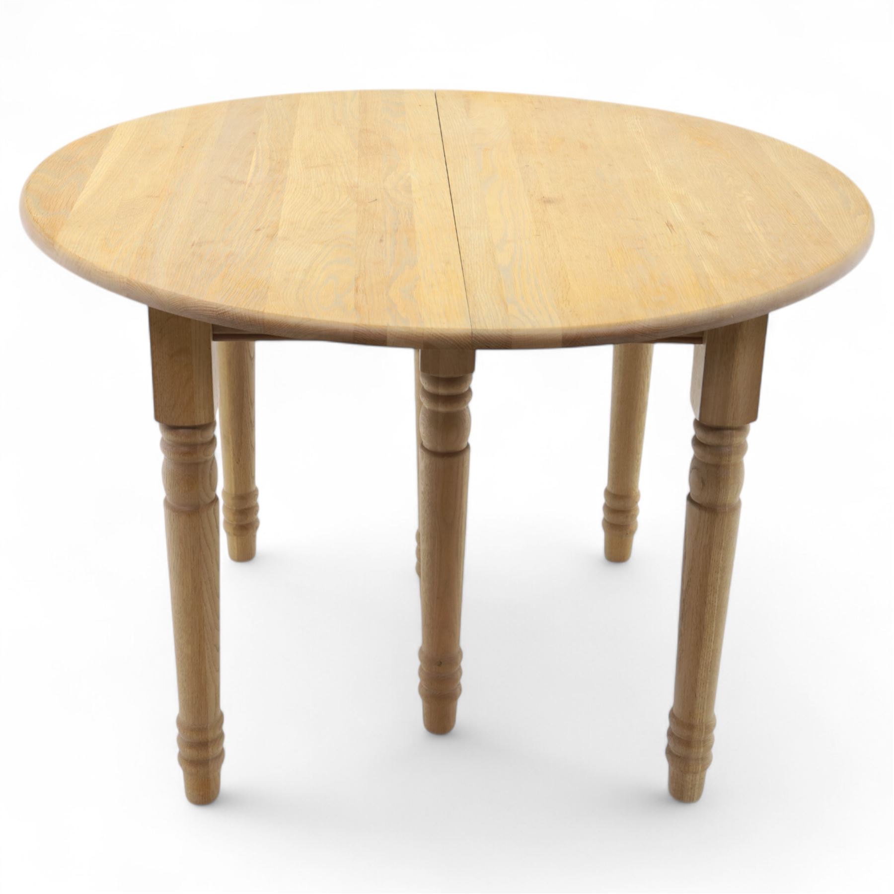 Neptune – Sheldrake limed oak extendable dining table and eight Havan loom chairs, the oval top in limed oak finish with four additional leaves extending the table to seat up to ten (Extends to cm), raised on turned legs with two additional centre supports, the matching Havan loom chairs finished in grey with cream upholstered seat covers (H 95cm, W 47cm, D 55cm)