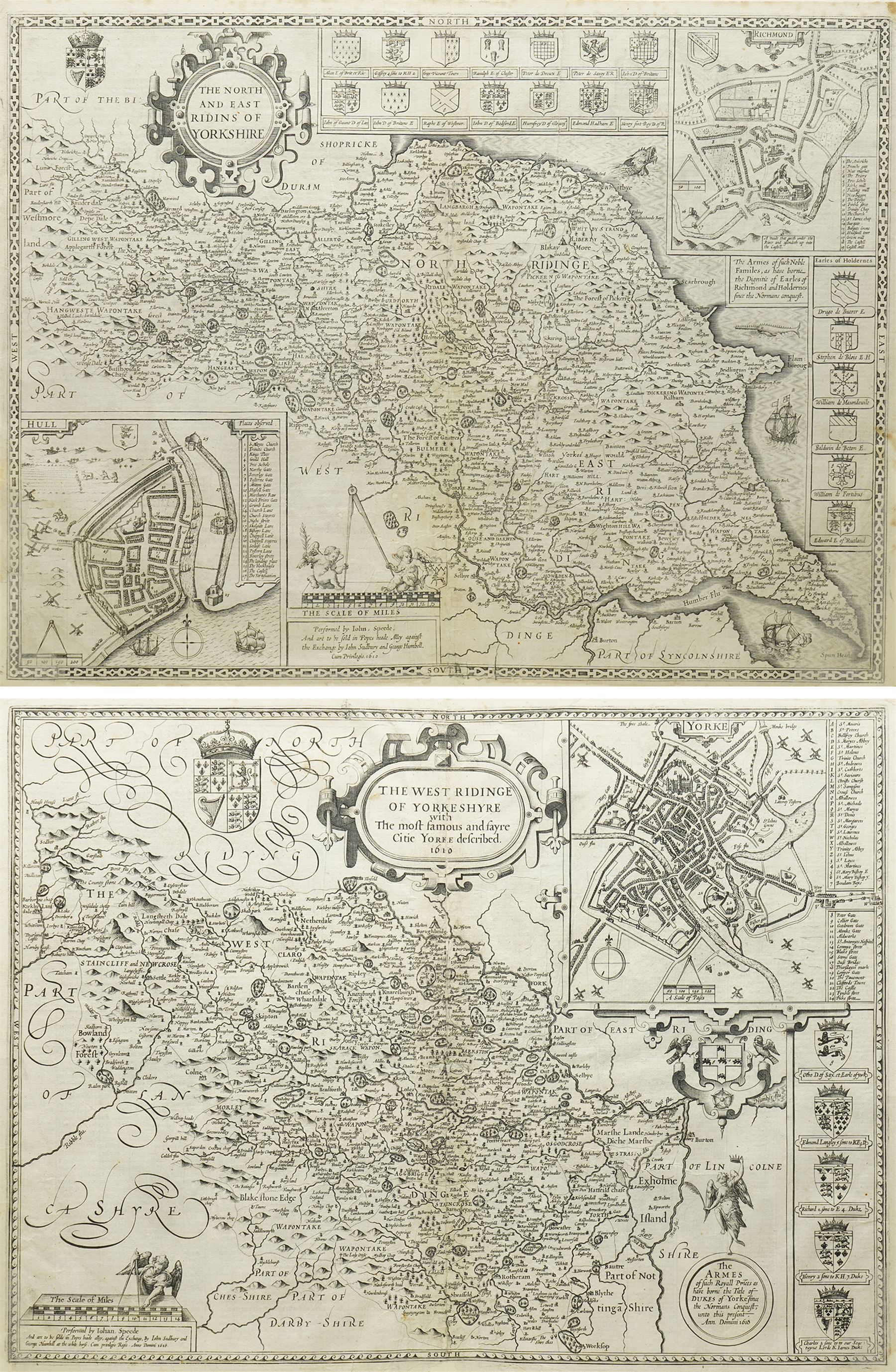 John Speed (British 1552–1629): ‘The North and East Ridings of Yorkshire’ and ‘The West Ridinge of Yorkshyre’, pair of early 17th century engraved maps, first edition, first strike, both in original uncoloured condition, with numerous armorials, decorative cartouches and embellishments, the North & East Riding map with inset plans of Richmond and Hull, and the West Riding map with an inset plan of Yorke, pub. 1611 & 1616 with the rare Latin text verso 40cm x 53cm (2)