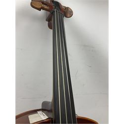 Two student half-size cellos - Boosey & Hawkes Artia with 65cm one-piece back and spruce top; bears maker's label; L104cm overall; and Romanian with 65.5cm two-piece maple back and ribs and spruce top; bears label; L108.5cm overall; each in soft carrying case with two bows (2)