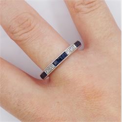 18ct white gold milgrain set, round brilliant cut diamond and calibre cut sapphire half eternity ring, makers mark W & H, Birmingham 1966