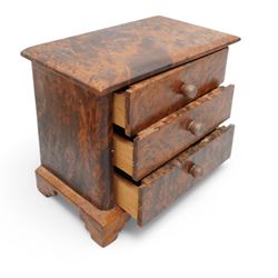 Victorian walnut and parquetry banded work box, W20cm, together with a miniature amboyna chest of drawers, W18cm