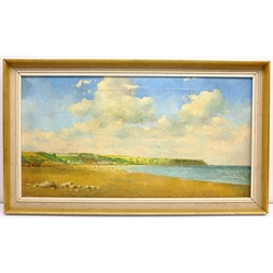 Don Micklethwaite (British 1936-): Filey Bay, oil on canvas signed 39cm x 74cm