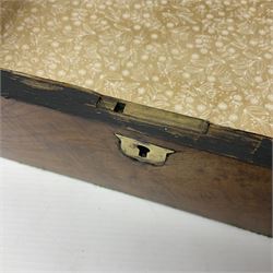 Victorian walnut and parquetry banded work box with brass shield and escutcheon, L30cm, together with mahogany writing slope with green baize writing surface, L35cm