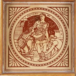 Three Minton Shakespeare tiles, framed, comprising Twelfth Night, Antony and Cleopatra and The Merchant of Venice, H55cm 