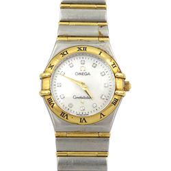 Omega constellation ladies gold and stainless steel quartz bracelet wristwatch, serial No. 57840568, mother of pearl and diamond dot dial boxed
