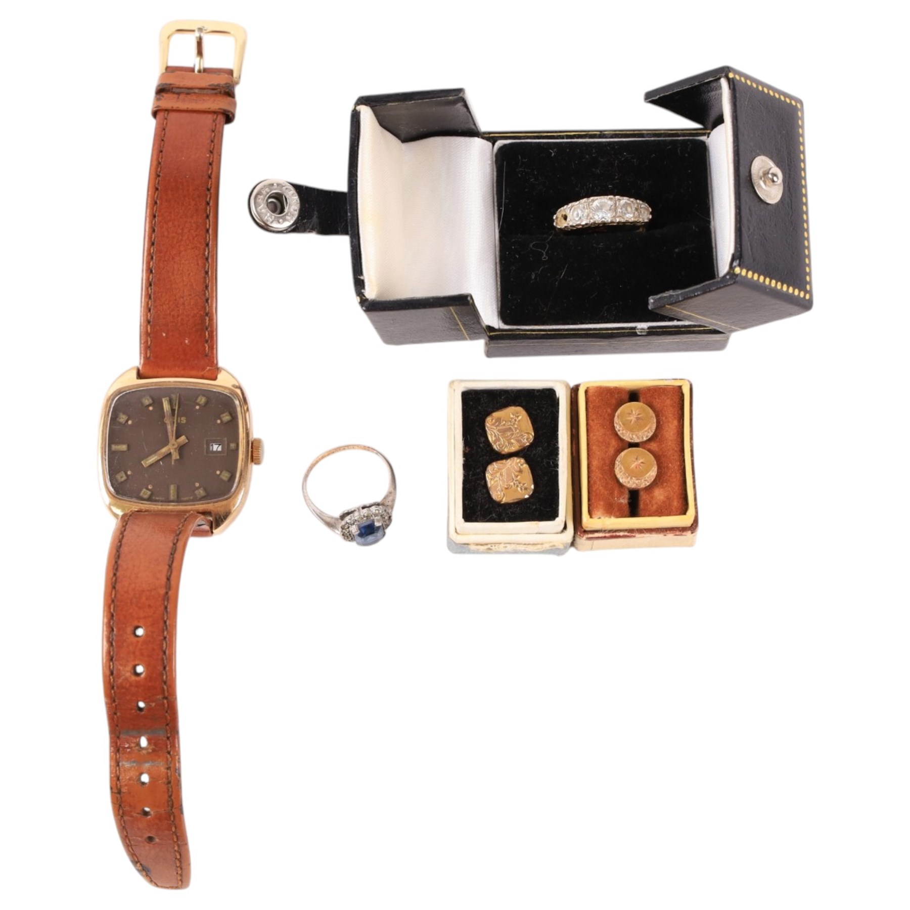 Pair of 18ct gold shirt studs, 9ct gold cz ring, 9ct on silver ring, Oris wristwatch and a pair of gold plated shirt studs 