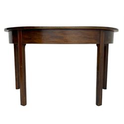 George III mahogany D-end console table, figured top over plain frieze with stringing, raised on square moulded supports