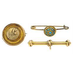 Victorian gold turquoise circular brooch, gold bird brooch with glazed panel and a gold T-bar