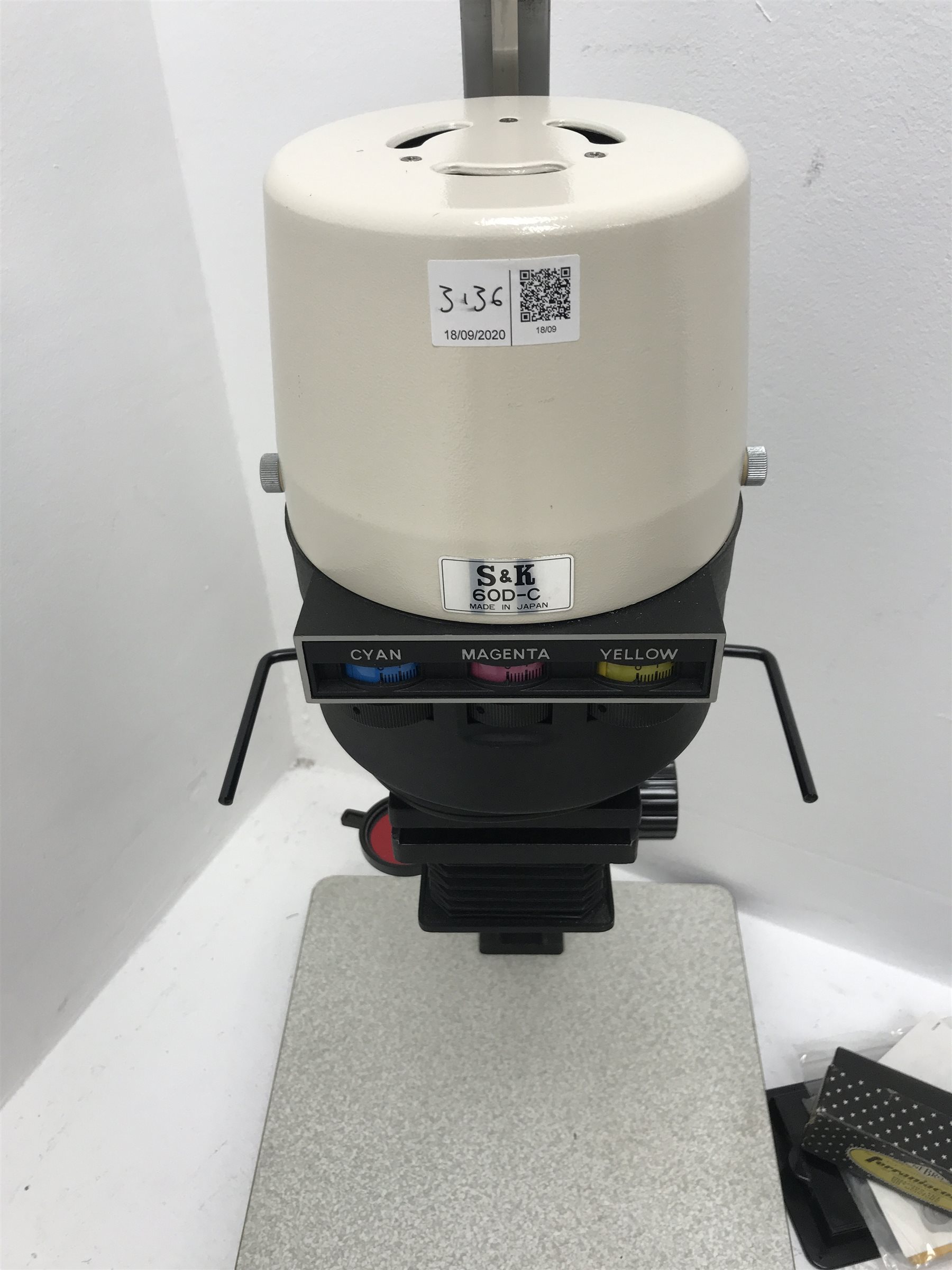 Large quantity of photo developing, dark room and photography equipment - quantity of Fogro 2'' x 2'' slide frames, PHILIPS movielight PSG125, Paterson 2 print forceps, atlas photo flash M3 clear, two Paterson 35mm developing tanks, Ilford photography paper 12'' x 16''and 8'' x 10'', Fujifilm photography paper 8'' x 10'' and 12'' x 16'', Rondinax 35U developing tank boxed, Simma Roller, two Ilford processing drums 30x40cm and 20x25cm, two other processing drums, Paterson 35mm contact proof printer, S&K 60D-C colour analyser etc... in three boxes