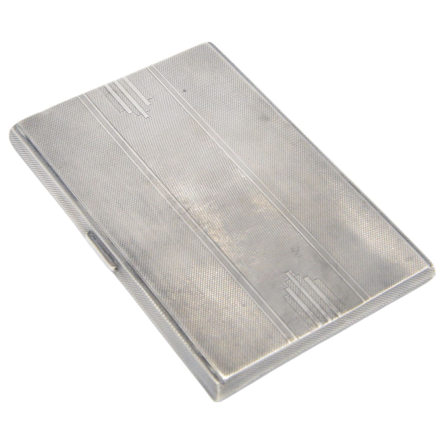 1930s silver cigarette case, of rectangular form, with engine turned decoration, with engraved initials to the centre, hallmarked Walker & Hall, Sheffield, 1937, L13cm