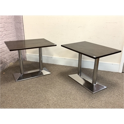 Two rectangular top café bistro tables on polished metal bases, 92cm x 68cm, H75cm