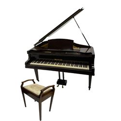 A mid 20th century English baby grand piano by Osbert, with an iron frame and overstrung stringing in a mahogany case,  conforming Lyre with sustain and una corda pedals and music desk, with original stringing, hammer action, dampers and felts, 7-1/4 octaves with 88 original ebony and ivory covered keys, with stool