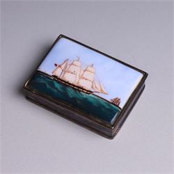 Modern silver box, with enamel plaque to hinged lid depicting a ship at full sail, stamped 925