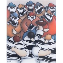 Peter Bell (Hull Contemporary): Rugby Players and Crowd, pastel signed 48cm x 37cm 