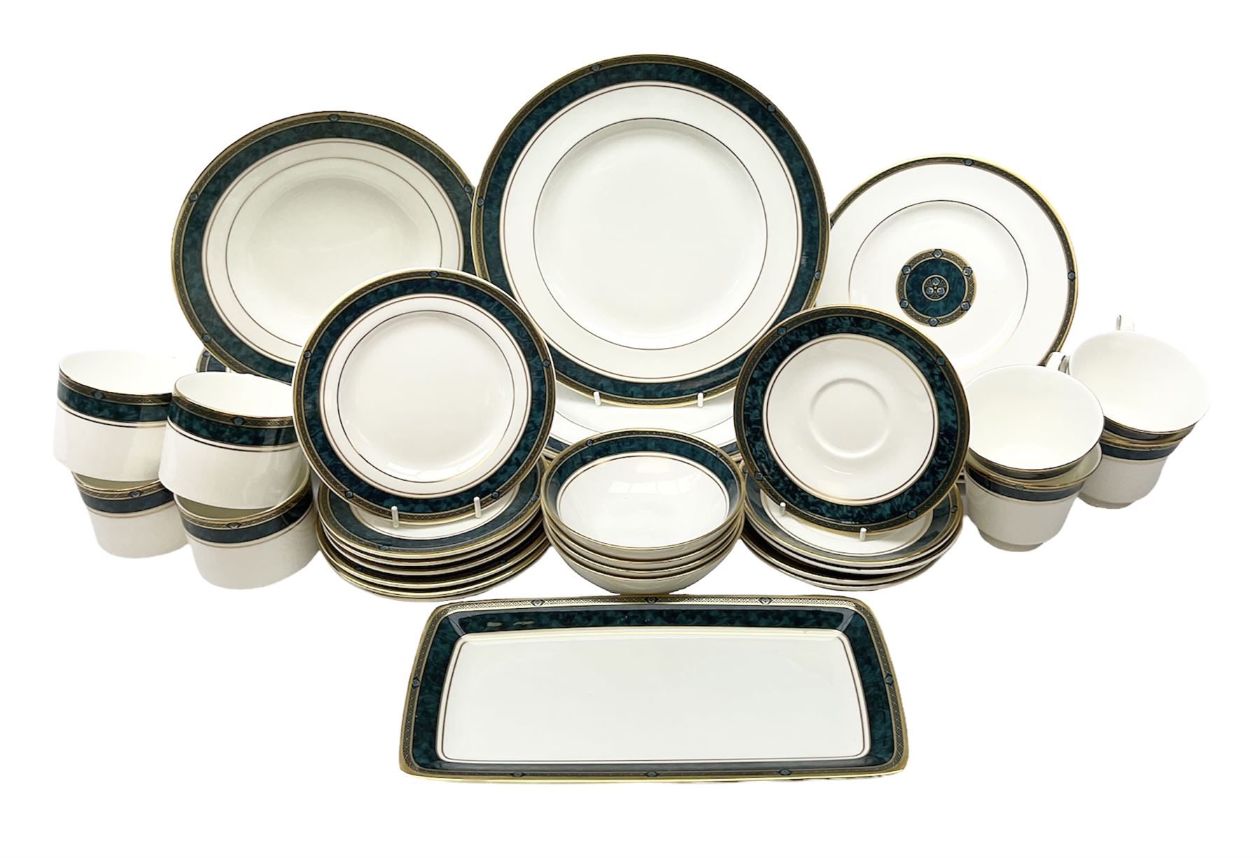 Royal Doulton Biltmore patterned tea and dinner wares, to include four teacups and saucers, four coffee cans and saucers, dinner plates, side plates, soup bowls and bowls for four etc, seconds, (37)