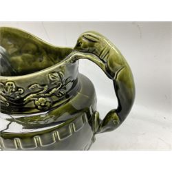 Three jardinières comprising West German Gerz example decorated in relief, Doulton Slaters example with frilled everted rim and a majolica example, and a further two Arthur Wood majolica jugs (5)