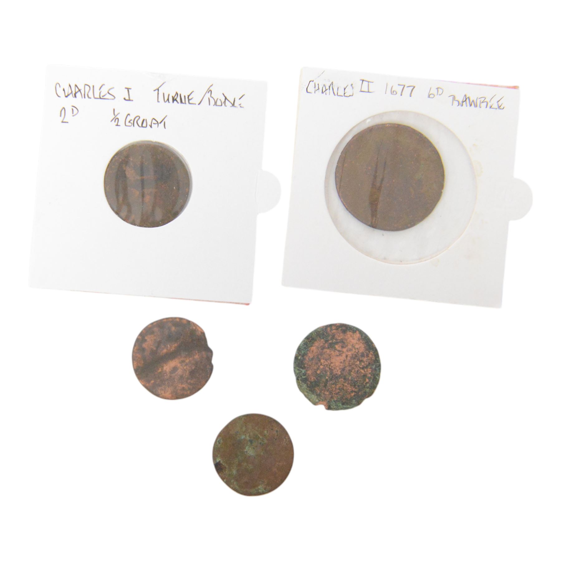 Five early Scottish coins, Charles II bawbees and turners, etc