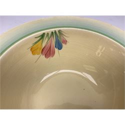 Clarice Cliff twin handled lidded tureen decorated in the Crocus pattern, with printed and impressed marks beneath, W27cm
