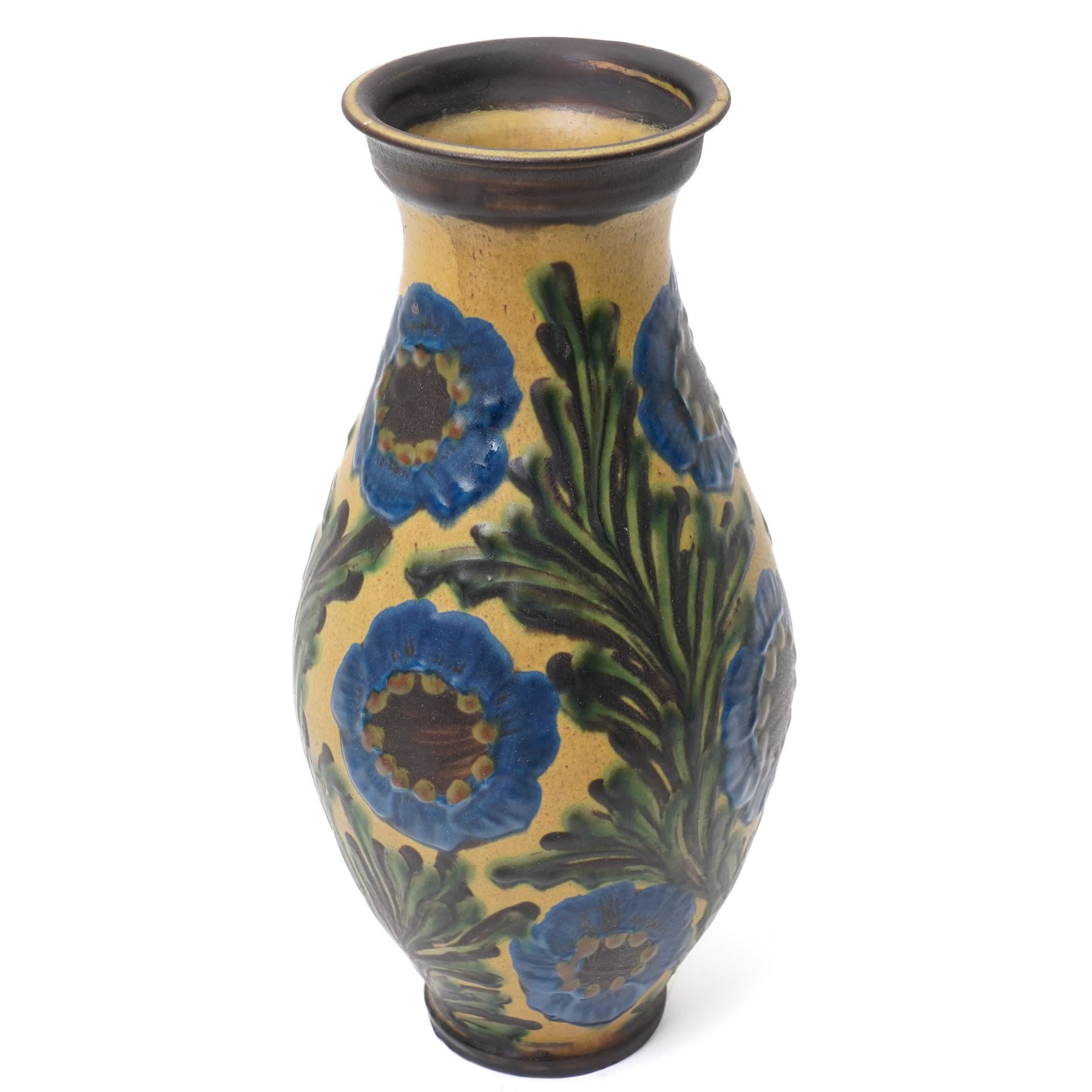 Thomas Forrester & Son Trogon Ware vase, c1920-1930, of baluster form with bulbous neck, painted with a band of peacocks, signed, H21cm; together with a pair of vases designed by James Plant, signed to base, H19cm, a Herman August Kahler (Danish 1846-1917) vase, of elongated form, signed to base, H29cm, and two further vases (6)