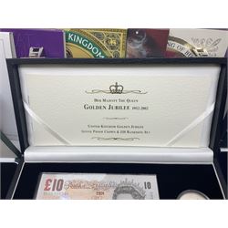 The Royal Mint United Kingdom 'Millennium' silver proof two coin set comprising 1999 and 2000 five pound coins, 2000 'The Queen Mother Centenary Year' silver proof crown, 2001silver proof one pound, 'Her Majesty The Queen Golden Jubilee 1952-2002' silver proof 2002 five pound coin and ten pound banknote set, all being cased with certificates, United Kingdom 1999 brilliant uncirculated coin collection in card folder, other commemorative coinage etc
