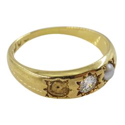 Early 20th century 18ct gold diamond and split pearl gypsy set ring, hallmarked