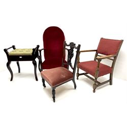 Edwardian mahogany nursing chair, carved and pierced back, upholstered seat, turned supports (W46cm) a low armchair upholstered in a red fabric (W67cm) a piano stool and another armchair (4)