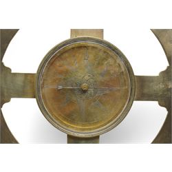 Ihon (John) Coggs of Fleet Street, London,- George II brass circumferentor (theodolite) c1730, housing a cylindrical glazed compass with a steel  indicating hand and engraved (formerly silvered) eight point compass rose to the centre, outer track divided into two-degree intervals and a subsidiary Arabic numeral chapter ring divided into ten minute intervals, mounted on a 12