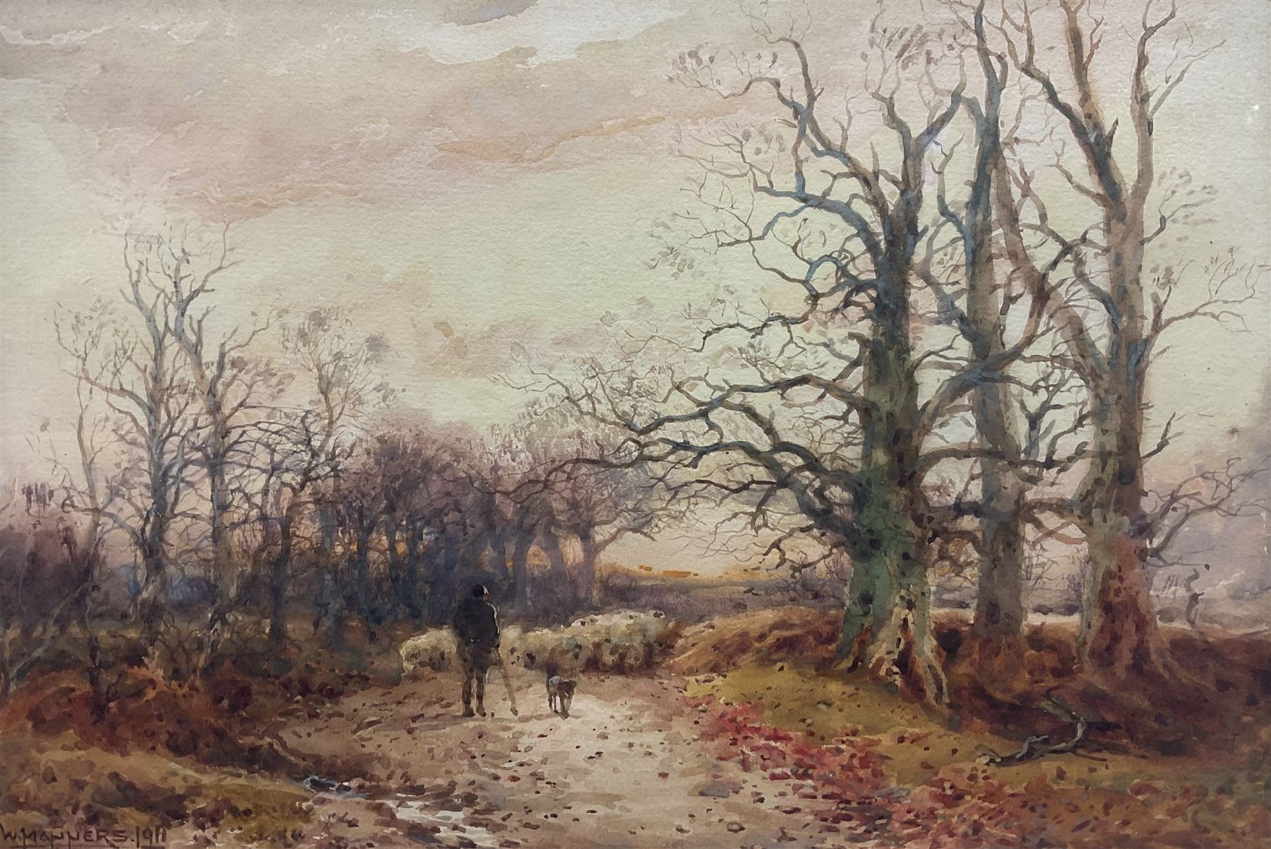 William Manners (British 1860-1930): New Pastures at Sunrise, watercolour signed and dated 1911, 20cm x 30cm 
