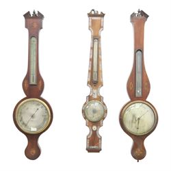 Three wheel barometers, a mother of pearl inlaid mahogany case, swan neck pediment, thermo...