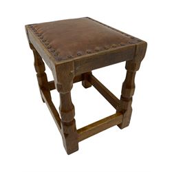 Yorkshire oak - 1960's rectangular oak stool, leather top by Colin Almack (Beaverman), unsigned
