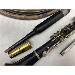 Disassembled early 20th century Boys Brigade snare drum D37cm with copy WW1 period photograph of the Kirbymoorside Boys Brigade; early 20th century hardwood clarinet; bagpipes chanter; and Dulcet E-flat penny whistle