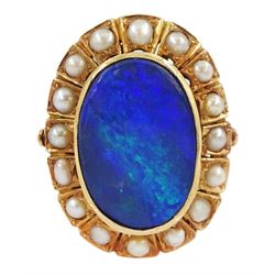 19ct gold black opal doublet and split pearl cluster ring