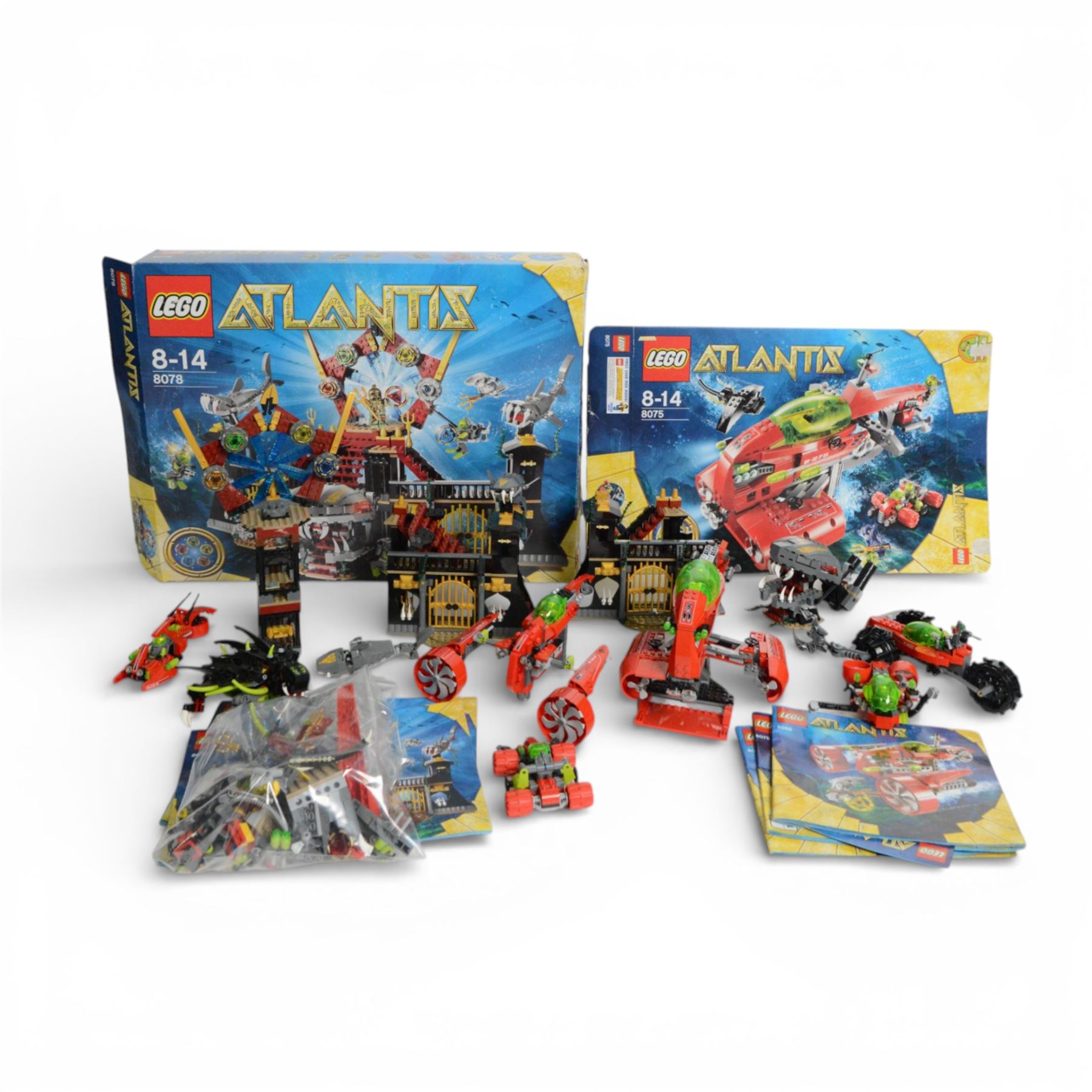 Lego Atlantis no. 8078, built with box and instructions, together with other Lego Atlantis sets including 8057, 8075, 8060, 8059 with minifigures and instructions