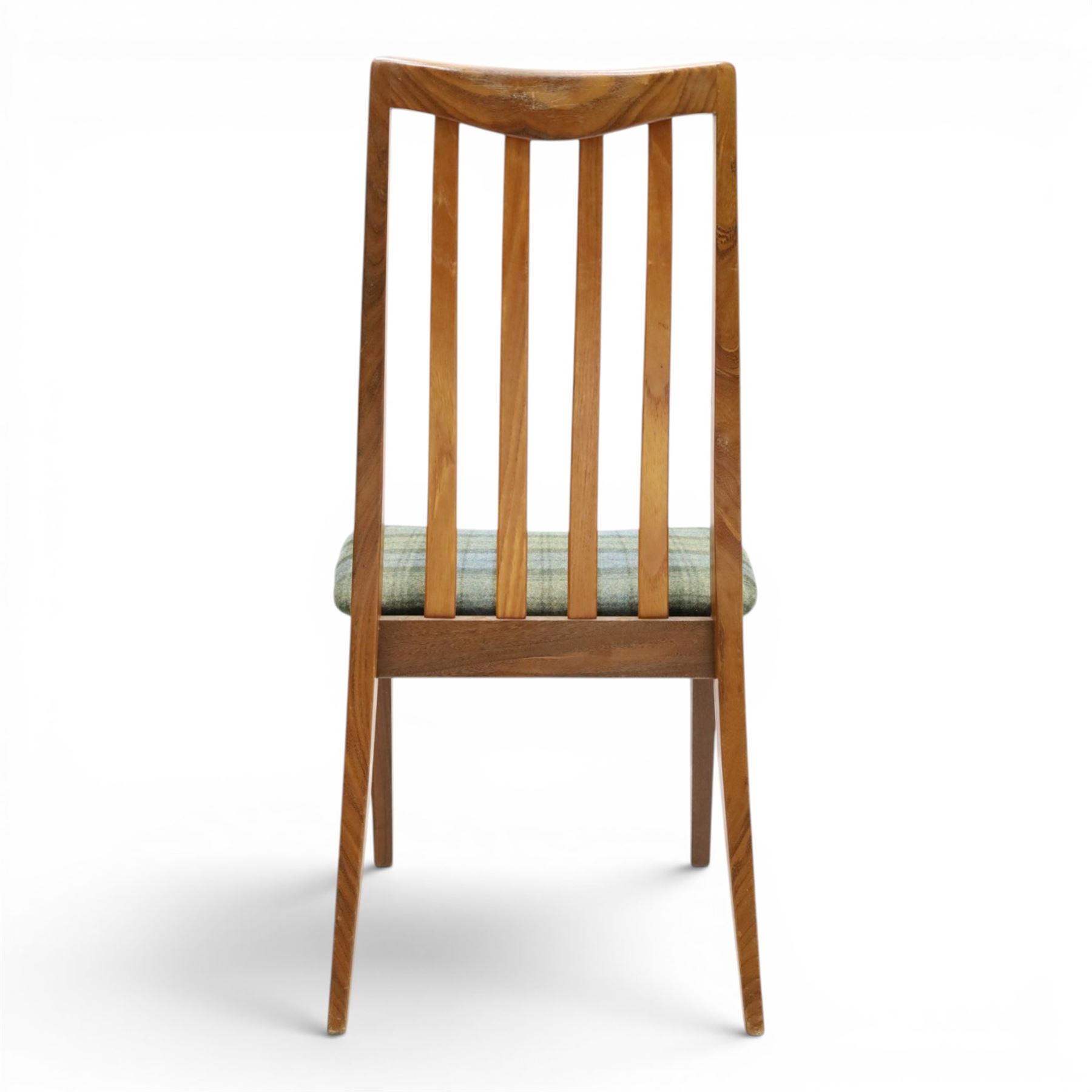 G-Plan - 'Fresco' set of teak eight dining chairs, reupholstered in green tartan and green harris tweed fabric 