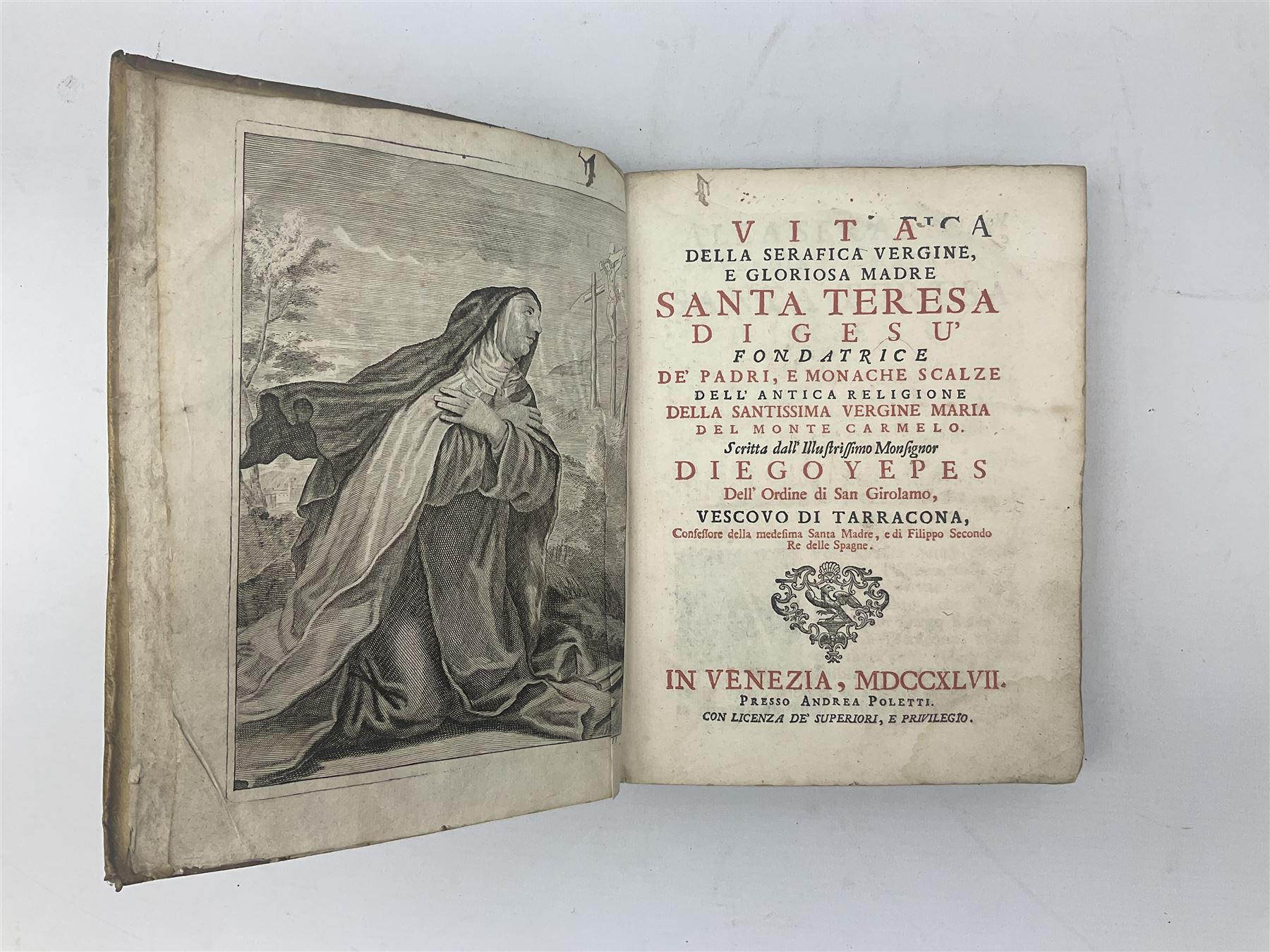 Vita Della Serafica Vergine, E Gloriosa Madre Santa Teresa Digesu .... 1747 Venezia Presso Andrea Poletti. Engraved frontispiece; and Iusti Lipsi Diva Sichemiensis fiue Aspricollis: Nouaeius Beneficia & Admiranda. 1605 Antwerpiae Ex officina Plantiniana. Engraved title page. Both with full vellum binding (2)