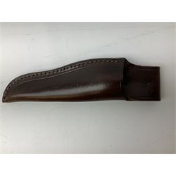 Three hunting knives, each blade marked A. Wright & Sons Sheffield, one with leather handle, one with horn handle and one with antler handle; each with leather sheath (3)