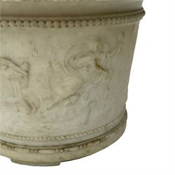 20th century marble planter, of slightly tapering cylindrical form, carved with a Classical frieze of figures and horse drawn chariot amidst clouds and sunburst, H32.5cm D45cm