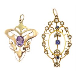 Art Nouveau rose gold oval amethyst pendant, stamped S Bros (probably Sheldon Brothers) and a seed pearl and blue stone pendant, both stamped 9ct
