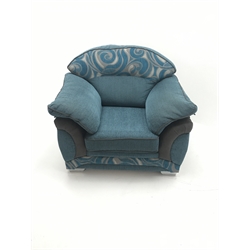  Three seat sofa upholstered in a blue and grey fabric, chrome feet (W214cm) and matching armchair (W110cm)  