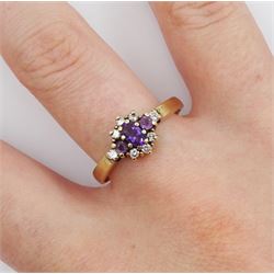 9ct gold amethyst and diamond cluster ring, hallmarked