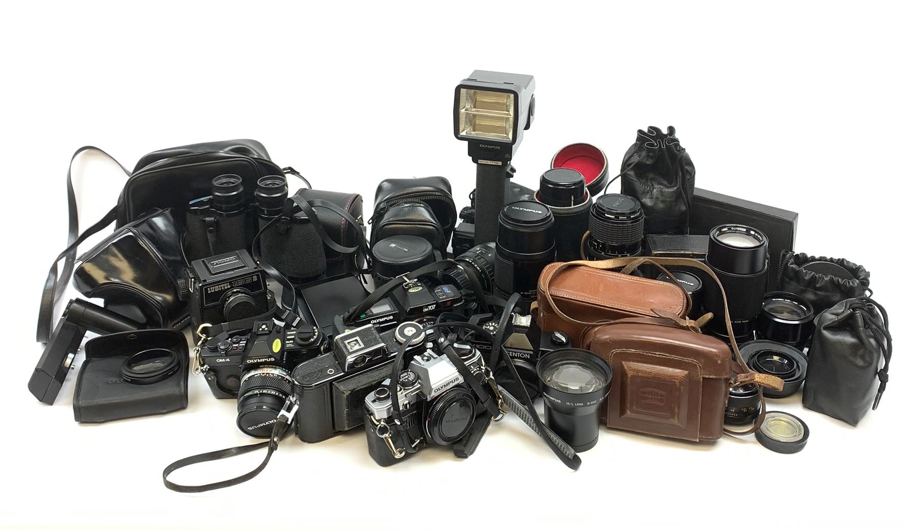 Vintage cameras lenses and accessories including Olympus 'OM10' camera body, Olympus 'OM4' camera, 'Olympus OM-System Zuiko auto-zoom 35-70mm 1:4' lens, various other lenses, tasco binoculars etc, in one box