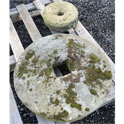 Two 19th century stone mill wheels D64cm and D33cm - THIS LOT IS TO BE COLLECTED BY APPOINTMENT FROM DUGGLEBY STORAGE, GREAT HILL, EASTFIELD, SCARBOROUGH, YO11 3TX