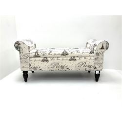Window seat, scrolling arms, turned supports, upholstered in an ivory ground fabric depicting Parisian scenes