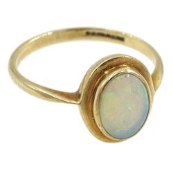 Gold single stone opal ring, gold coral bar brooch and gold quartz pendant, hallmarked or tested 9ct and boxed 