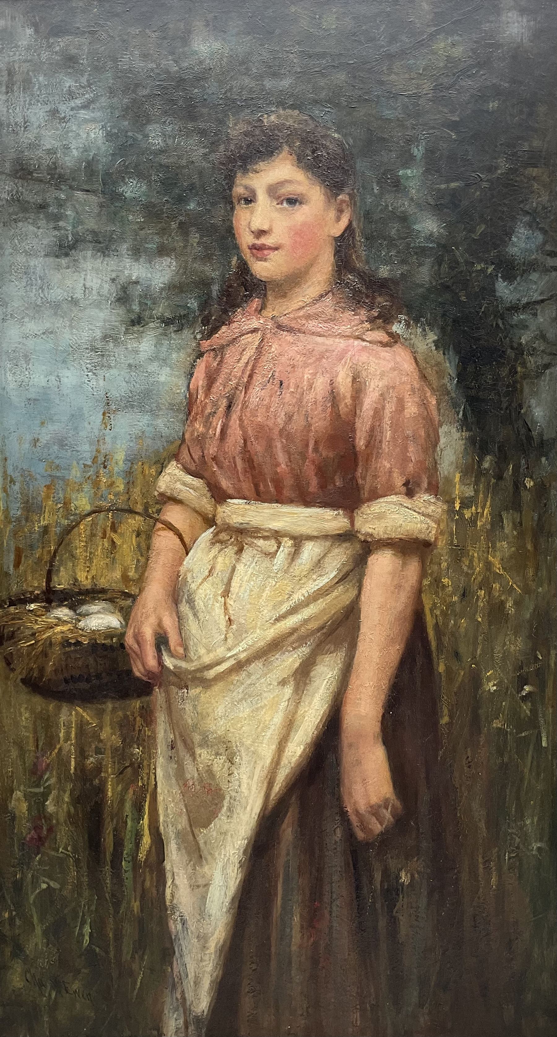 Charles McEwen (Scottish 1843-1892): Young Girl Collecting Eggs, oil on board signed 80cm x 44cm