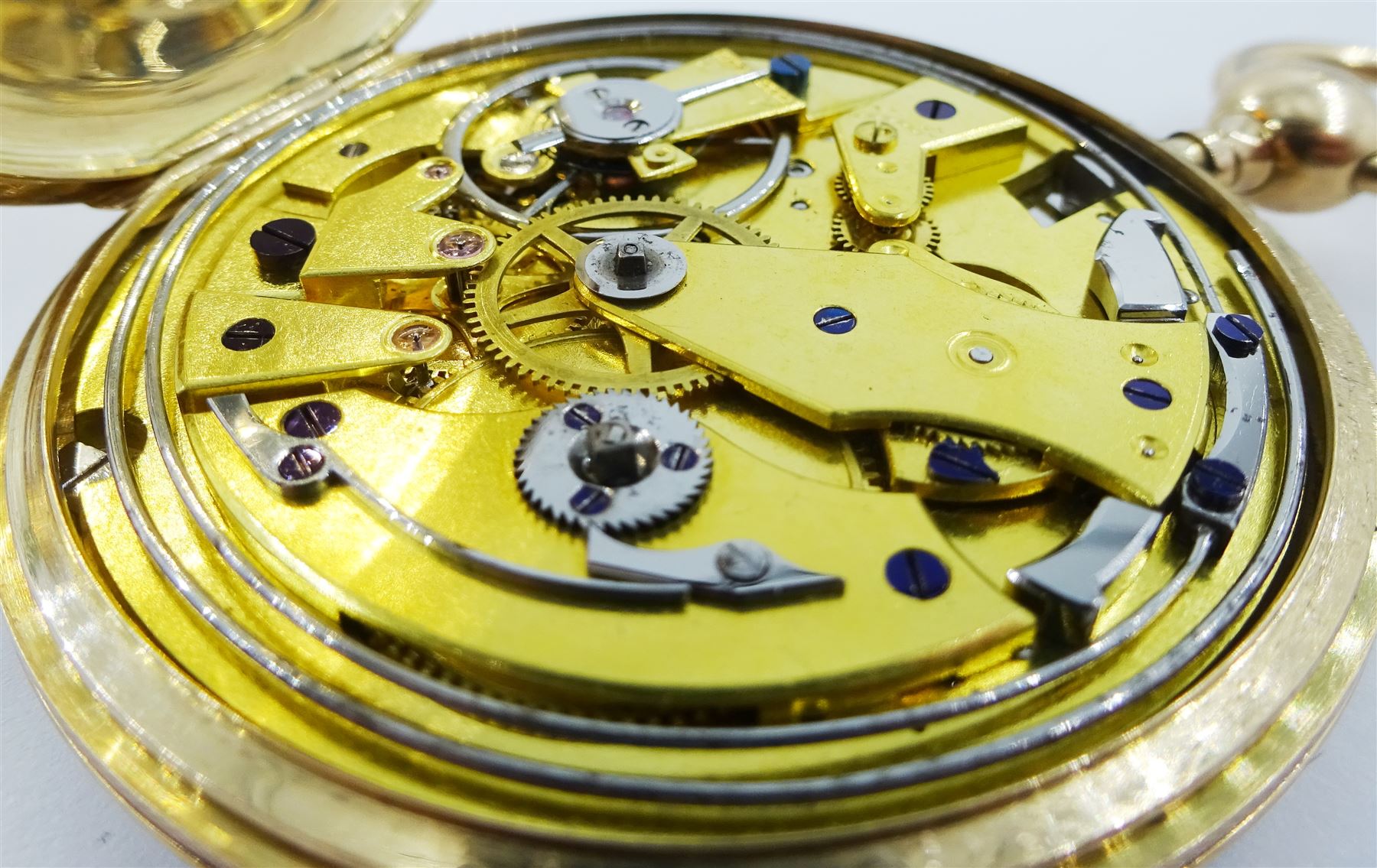 18ct gold open face key wound quarter repeating Swiss lever pocket watch by Garni en Pierre, No. 5090, the gold dust cover inscribed 'Echappement Libre a Ancre', plunge repeat in the pendant, silver engine turned dial with Roman numerals and subsidiary seconds dial