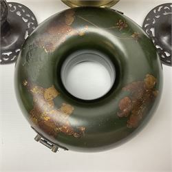 Chinese green lacquered ring shaped jewellery box decorated with children playing D19cm; pair of Chinese pierced bronze pricket candlesticks; and large Chinese brass pedestal bowl (4)