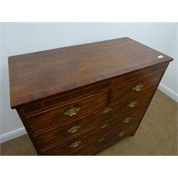  George III mahogany chest, cross banded top with Tunbridge ware inlaid frieze, two long and three short drawers with brass plate oriental style handles,tapering bracket supports, W110cm, H108cm, D51cm  