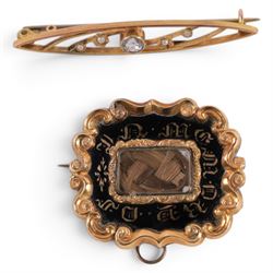 Victorian 9ct gold hairwork mourning brooch and a 9ct gold stone set brooch
