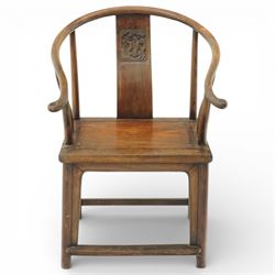 Chinese elm horseshoe armchair, shaped crest rail forming continuous arms above a solid sp...